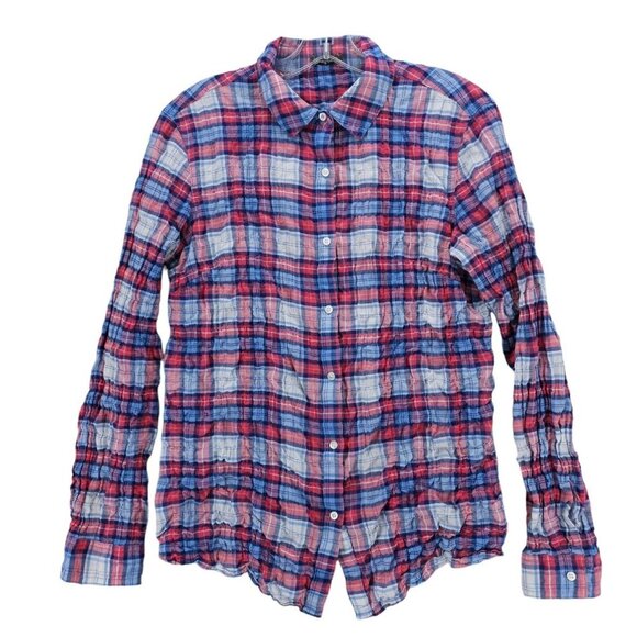 J. McLAUGHLIN Crinkle Shirt Red Blue White Plaid Cotton Spandex Size SMALL - Picture 1 of 8